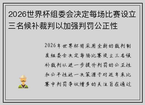2026世界杯组委会决定每场比赛设立三名候补裁判以加强判罚公正性